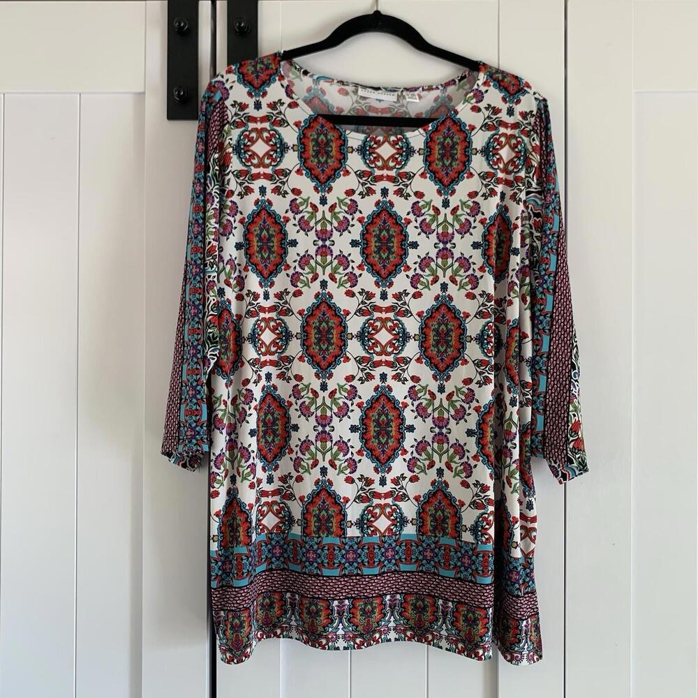 Susan Graver Liquid Knit Tunic Top Womens 1X Printed 3/4 Sleeve